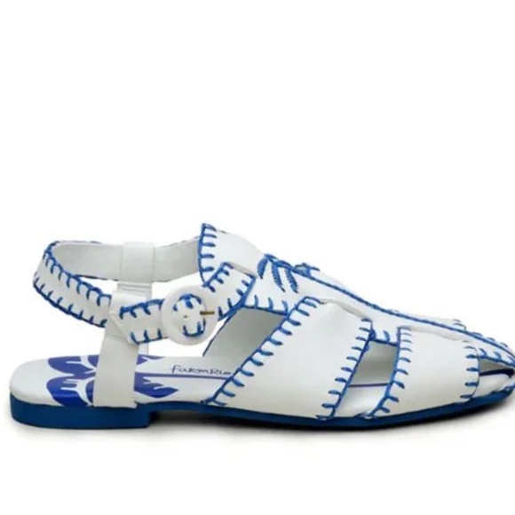 Farm Rio Blue White Embroidered Palm Tree Sandals 8.5 Vegan Whipstitch - Picture 3 of 5